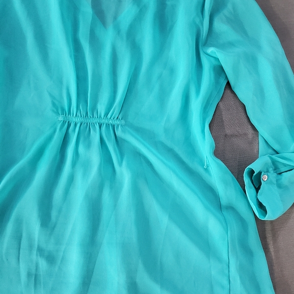 Vanity 2XL Sheer Mint Green Pleated Pintuck Tunic Longsleeved Blouse Top - Picture 4 of 10